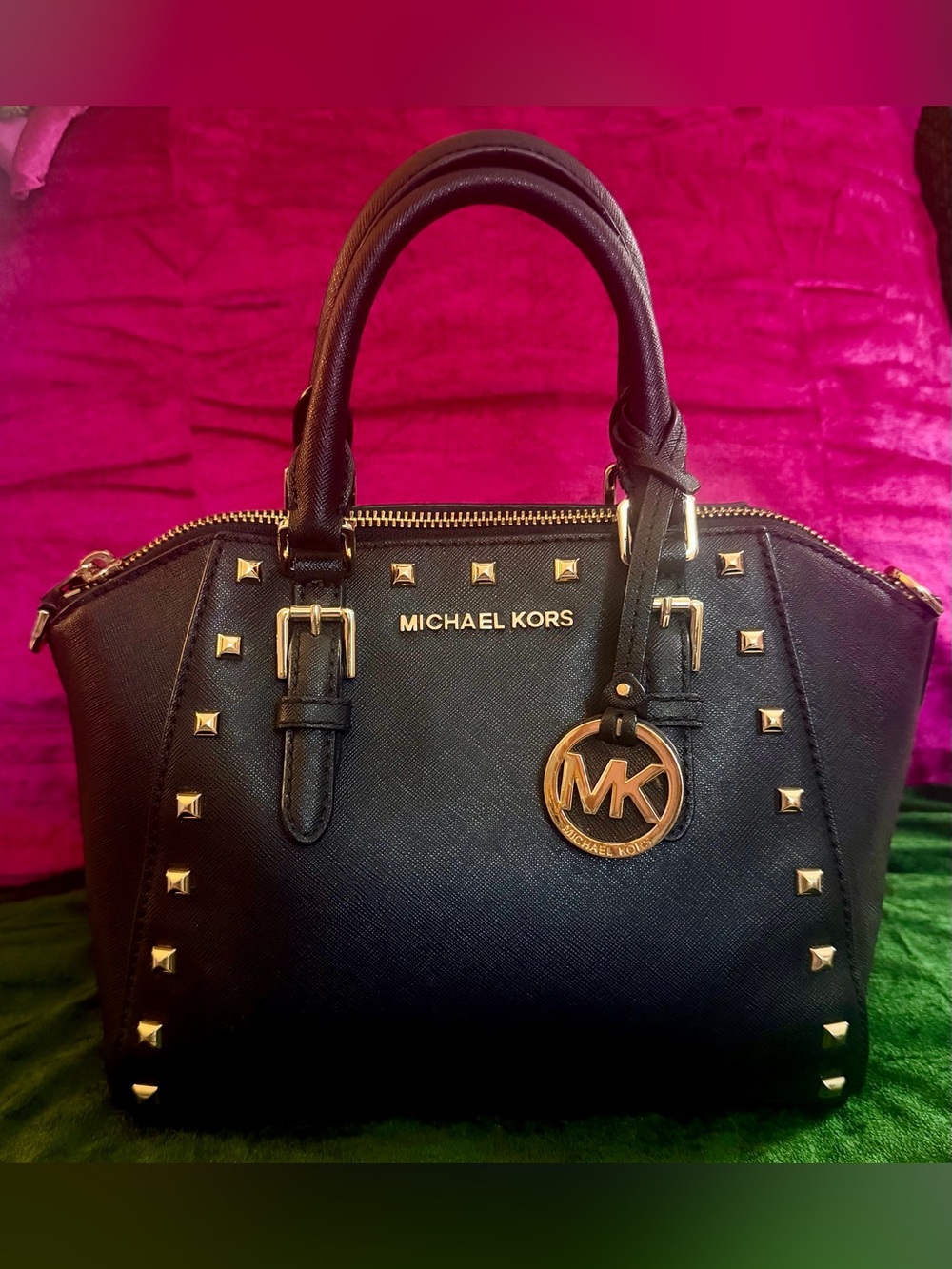 Michael Kors Black Studded Saffiano Satchel with Gold Hardware